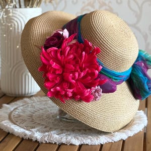 Boho Inspired Straw Brim Hat with Flowers, Sun Cap for Women, Boho Flower Crown Festival Flower Hat, Vintage Flower Hat, Garden Party Hat