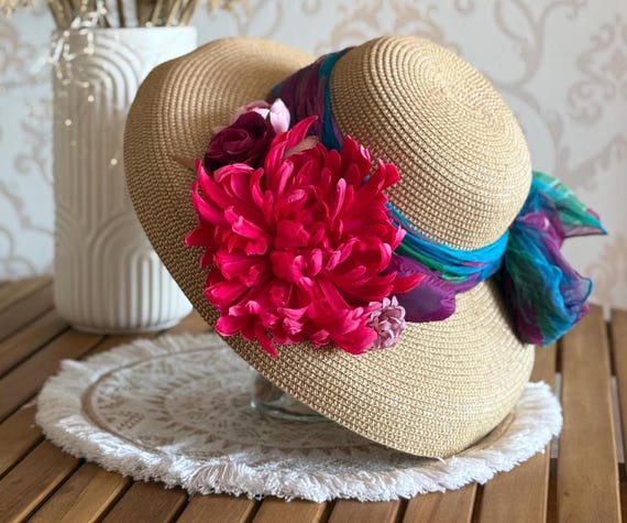 Pink and Red Floral Wide-Brimmed Hat KJIZMO Red Flower Sun Hat Wide Brim Floppy Beach Hats for  main image 3