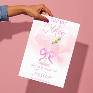 Alles Gute zum Geburtstag, Einladung. Eine klitzekleine Einladung. Martini, Pink, 21. Geburtstag.