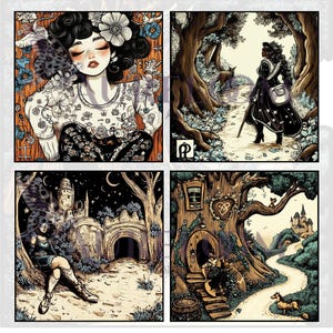 Fantasy Woodland Women Art – Enchanted Forest & Castle Abstract Set