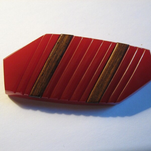 Vintage Cherry Red Bakelite Pin with Art Deco carving and Wood Accents..circa1930