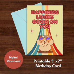 Tarjeta de felicitación imprimible, "La felicidad te sienta bien", tarjeta positiva y divertida, tarjeta retro kawaii de hámster, buen rollo, arte para sentirse bien.