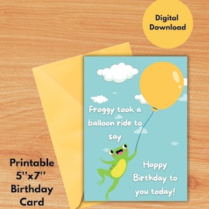Biglietto di auguri di compleanno stampabile con rana, biglietto di auguri per bambini, biglietto con rana e palloncino, biglietto di auguri di compleanno digitale carino, biglietto di auguri di compleanno con colori tenui, animale