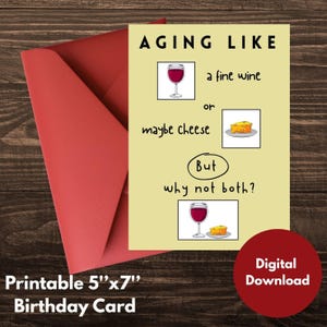 Tarjeta de cumpleaños imprimible, tarjeta de cumpleaños divertida, tarjeta de cumpleaños de vino y queso, tarjeta digital, tarjeta de felicitación para amantes del vino