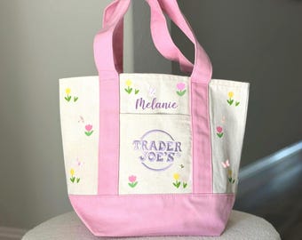 Custom Mini Trader Joe’s Tote Bag with Cute Fruit Print, 8 Different Tote Colors, Personalize Name TJ Fan, Mother’s Day Gift