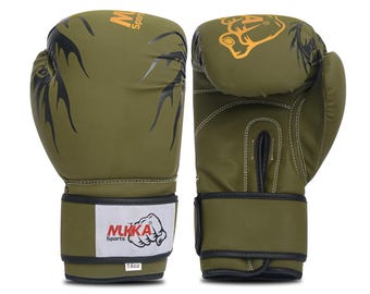 May include: Olive green boxing gloves with black and gold accents. The gloves feature a stylized design and the text "MUKKA Sports" with a fist graphic. The gloves are labeled "14oz".