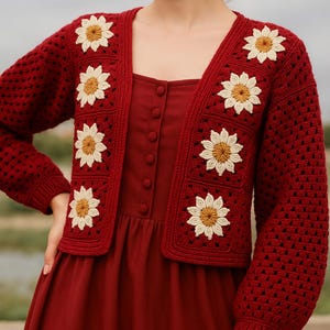 Handmade Maroon Crochet Cardigan: Granny Square Flower, Boho Style