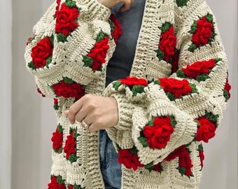 Summer Rose , Red Rose ,rose Embroidered Knit Cardigan , Woman