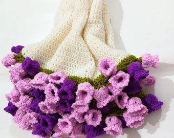 ハンドメイドかぎ針編みチューリップブランケット 1m、ピンクの花柄