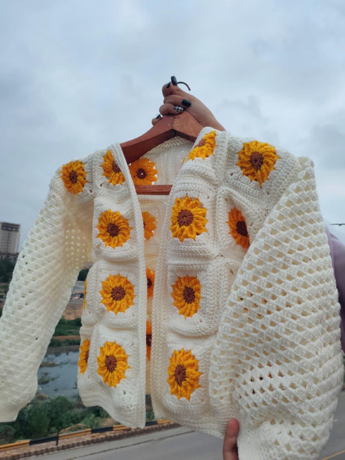 Handmade Crochet Sunflower Cardigan: Boho Granny Square Wool