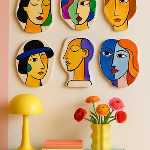 Colorful Abstract Face Wall Art – Hand-Painted Wooden Set of 6 for Modern Gallery Walls