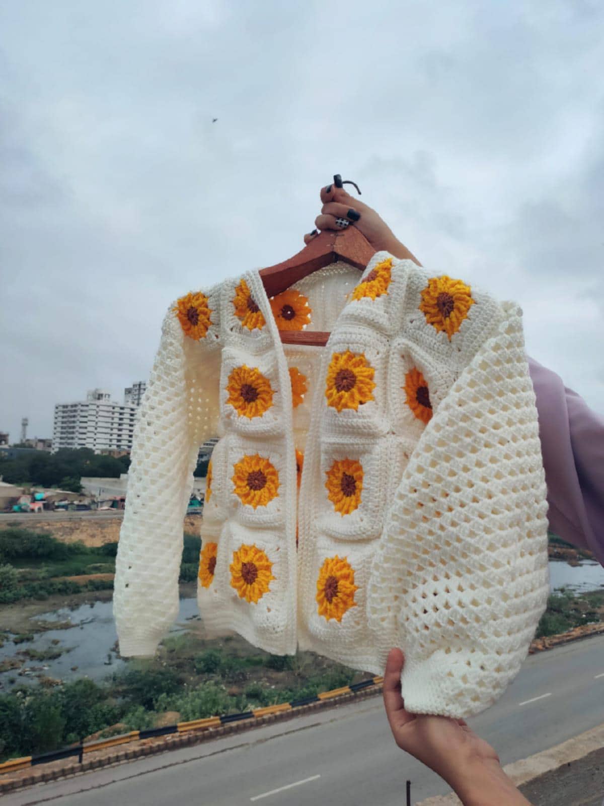 Handmade Crochet Sunflower Cardigan: Boho Granny Square Wool