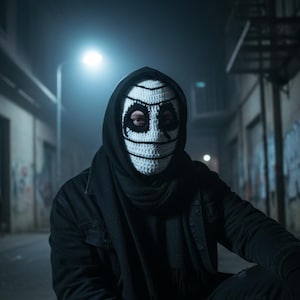 May include: A person wearing a white and black crocheted mask with a skull design, a black hooded sweatshirt, and a black scarf. The person is in an alleyway at night, illuminated by a street light.