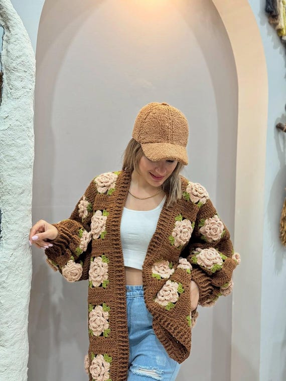 Crochet Flower Cardigan, Oversized Granny Square Knit Jumper