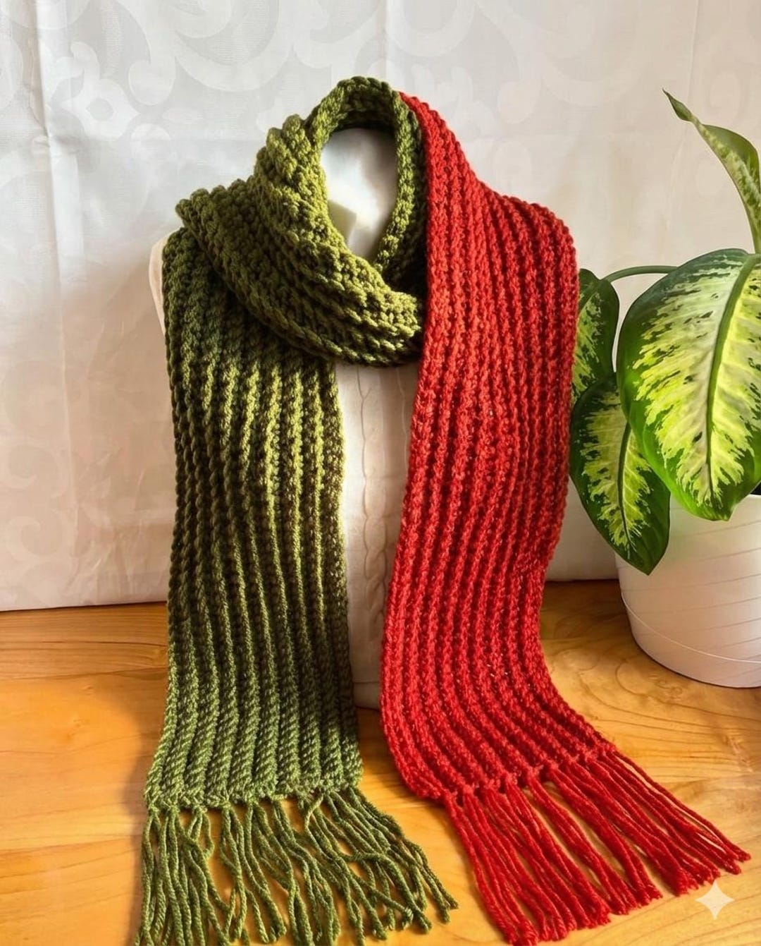 Hand Knitted Chunky Scarf Set, Red and Green, Wool Fringe - Etsy