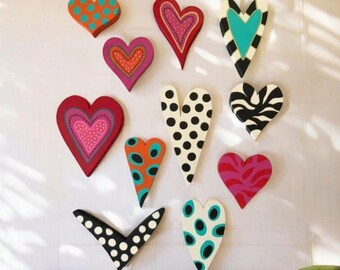 Hand-Painted Wooden Heart Wall Art: Colorful Modern Decor, Set of 12