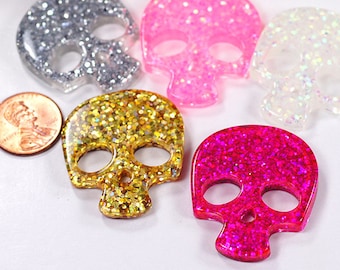 36mm Glitter Sparkle Transparent Confetti Skull Flatback Resin Cabochon 10 pieces A20