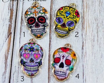 8 Pieces Gold Alloy Enamel Day of the Dead Sugar Tattoo Skull Charm Pendant 23*14mm Mixed Styles A18