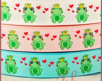 10 yards 7/8 inch 22mm Valentine Frog Prince Heart Grosgrain Ribbon