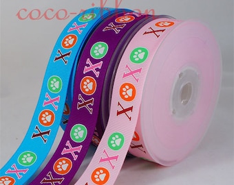 10yd 7/8 22mm XOXO puppy love Dog Cat Paw Grosgrain Ribbon - Pink / Purple / Blue