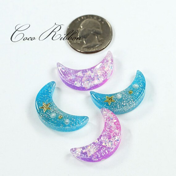 6pc Gradient Pastel Rainbow Glitter Moon Flatback Resin Cabochon G16