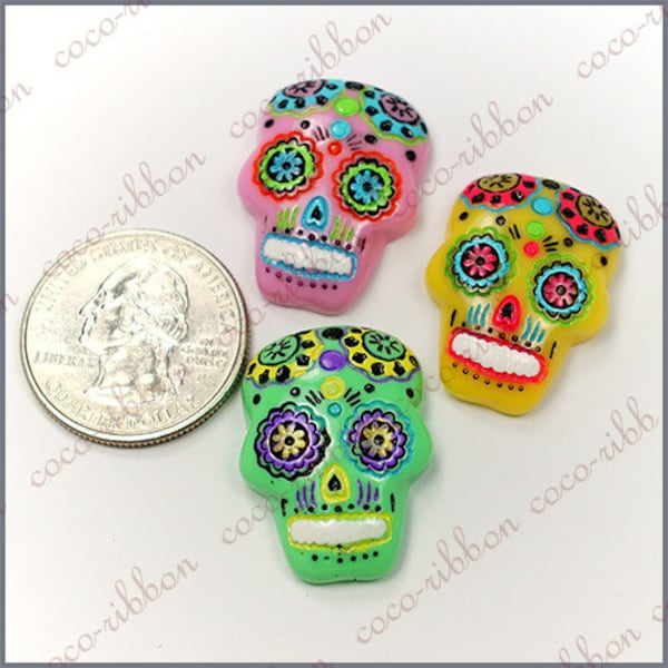 27mm 6pcs Tattoo Mexican Sugar Skull Flower Flatback Resin Cabochons C12