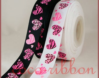 10 yard 7/8 inch 22mm  Valentine Leopard Zebra Heart Grosgrain Ribbon G31