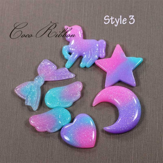6pc Gradient Pastel Rainbow Glitter Moon Flatback Resin Cabochon G16
