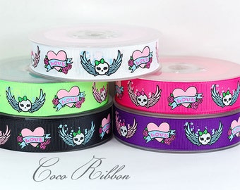 10 yards 7/8" Skull Girl Bow Tattoo With Wings Heart Love Grosgrain Ribbon - 5 colors G30