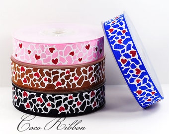 10 yards 7/8" 22mm Glitter Red Heart Giraffe Animal Print Grosgrain Ribbon