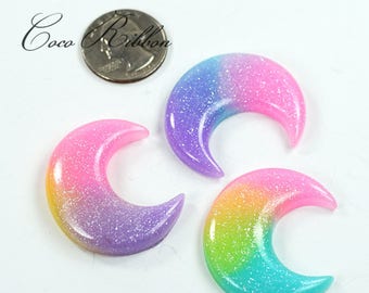 6pc Gradient Pastel Rainbow Glitter Moon Flatback Resin Cabochon G16