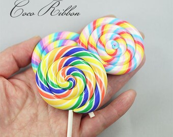 70mm Large 2 pieces Fake Swirl Lollipop Candy Polymer Clay Cabochon H22