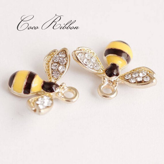 ANIMAL BUG JEWELLERY CRAFT MAKING 6x BEE ENAMEL COATED METAL RHINESTONE CHARMS