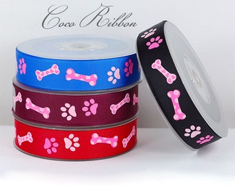 10 yds 7/8 22mm Dog Bone Paw Print Puppy Heart Valentine Love Grosgrain Ribbon G35