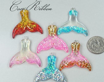 12pc Gradient Pastel Rainbow Glitter 3D Mermaid Tails Fairy Charm Pendant G44