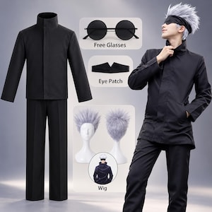 May include: A black high-collar jacket and matching trousers, a pair of round black sunglasses labeled Free Glasses, a black eye patch, and a spiky silver-white wig. The set includes a character illustration and mannequin displays.