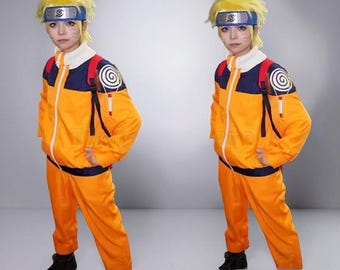 Anime Uzumaki Cosplay Costume Orange Clothes with Headband & Kunai Pouch Pre-Shippuden Genin Ninja Outfit Blonde Wig for Adults