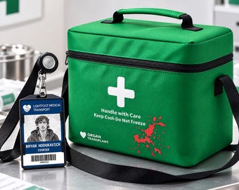 Puede incluir: Una bolsa de transporte médico aislada de color verde con una cruz blanca, el texto "Handle with Care Keep Cool-Do Not Freeze" y "ORGAN TRANSPLANT" con un gráfico de salpicadura roja. Incluye una tarjeta de identificación para "BRYAN HODUKAVICH COURIER."