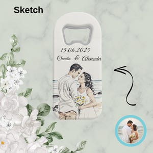 Recuerdos de boda personalizados, imán abridor de botellas personalizado para invitados al por mayor, estilo boceto de acuarela a partir de una foto, regalos únicos