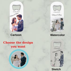 Custom Wedding Favors , Personalized Bottle Opener Magnet for Guest in Bulk, Watercolor Cartoon Sketch Style From Photo Unique Gifts