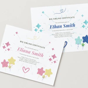 Certificado de hermano mayor / Regalo imprimible para bebé recién nacido / Descarga instantánea