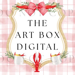 May include: Digital art design with a shield-shaped frame displaying the text "THE ART BOX DIGITAL." The frame is decorated with a red and white checked bow, red chilli peppers, and sprigs of greenery. A red crawfish and two small white cups with food are also included.
