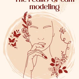 May include: A line drawing of a woman's face with flowers and butterflies in a red and white colour scheme. The text "Behind the curtain: The reality of cam modelling" is at the top of the image. The text "Financial Freedom Through Conscious Choices" is at the bottom of the image. The text "Empowered Bloom" is at the bottom of the image.