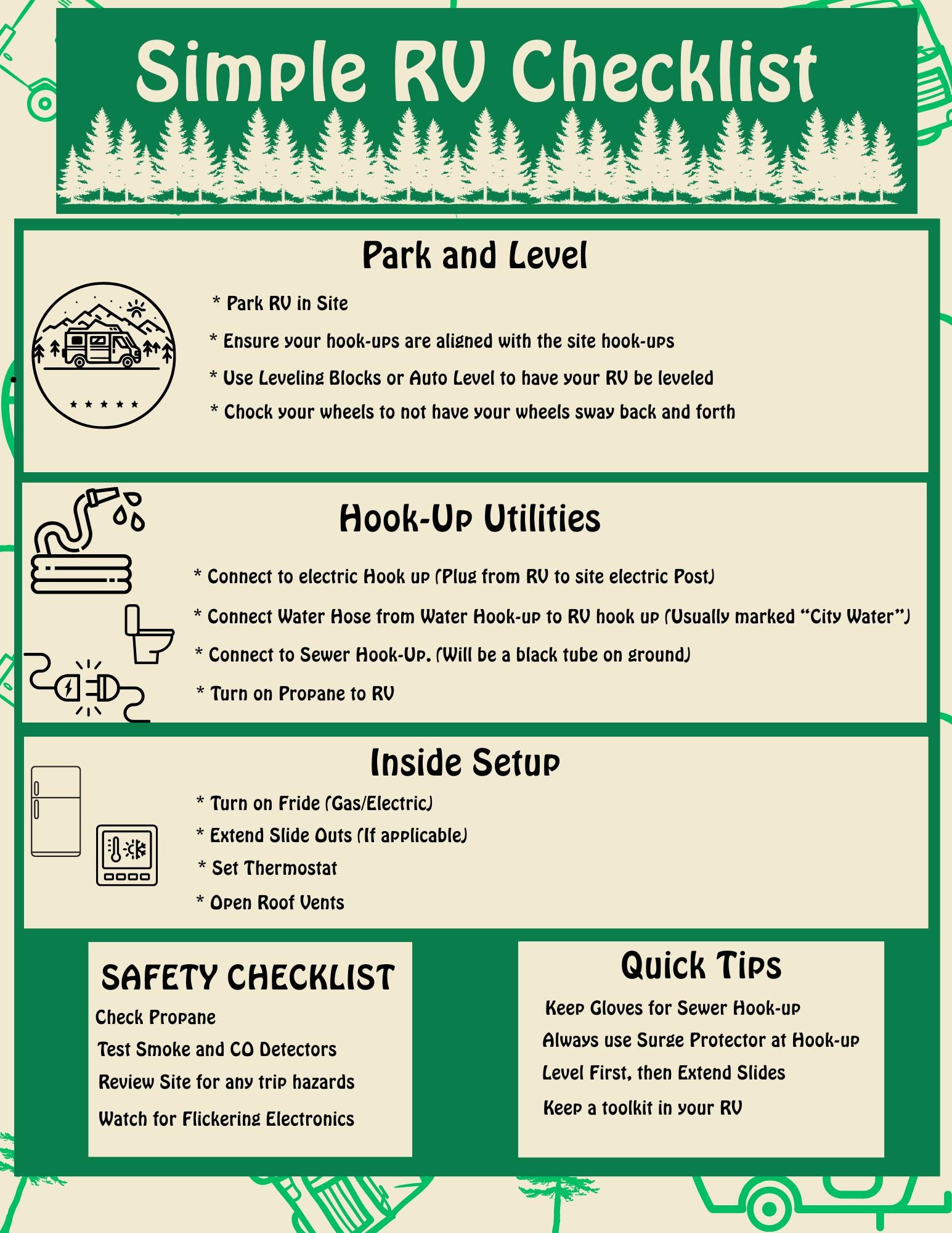 RV Setup Cheat Sheet – 1-Page Simple RV Arrival Checklist – Camper Setup Guide for Beginners, Printable or Laminated RV Essentials