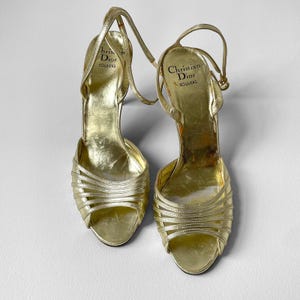 VTG Christian Dior Gold Metallic Leather Disco Heel Sandal Ankle Strap 6.5 Stiletto Open Toe Made in France