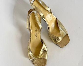 VTG Charles Jourdan 70s Gold Sandal  Square Toe Leather Chunky Block Heel Slingback Paris sz 8.5