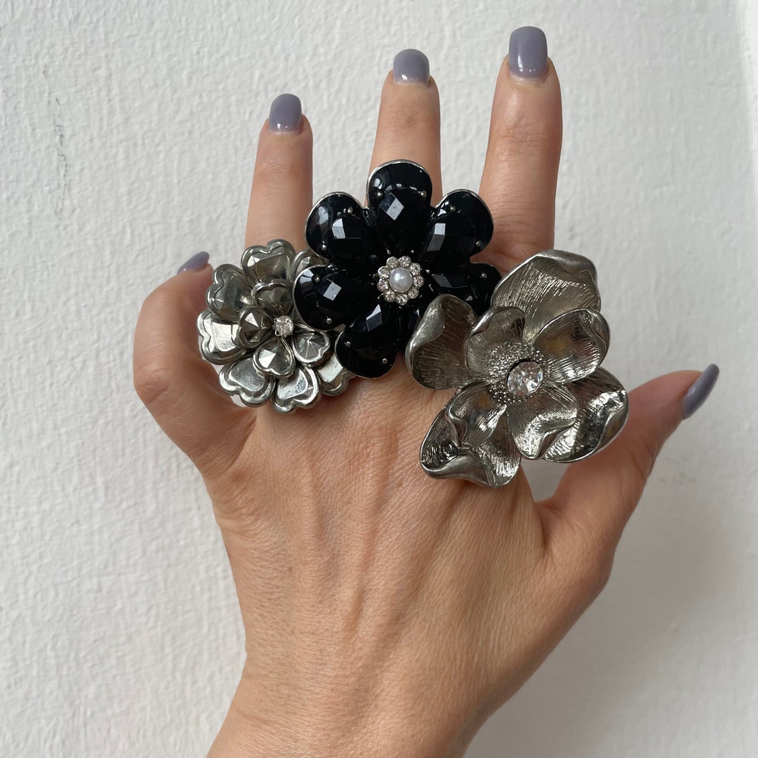 Giant 90s Vintage Flower Statement Ring Lot/ Set of 3/ Stretch Band ...