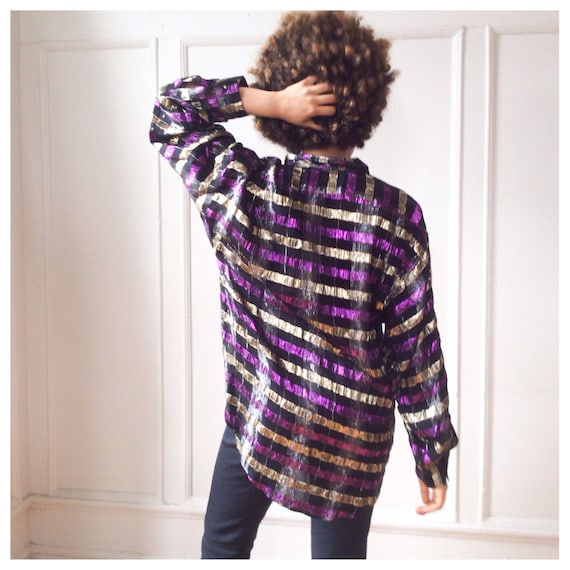 Metallic Threaded Plaid Button Front Oversize Dis… - image 3