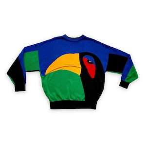 May include: A blue, green, black, and yellow sweater with a toucan design.