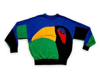 Jersey de algodón con bloques de color de los 80 con estampado de tucán de Vittorio Rocchetti Milano Vintage Parrot Oversized Color Block M